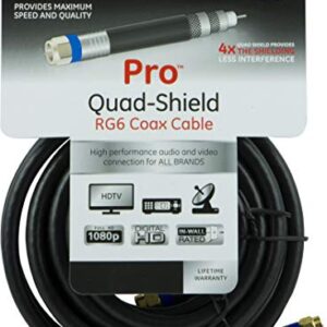 GE RG6 Coaxial Cable, 50 ft. F-Type Connectors, Quad Shielded Coax Cable, 3 GHz Digital, In-Wall Rated, Ideal for TV Antenna, DVR, VCR, Satellite, Cable Box, Home Theater, Black, 33532