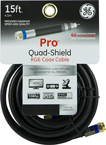 GE RG6 Coaxial Cable, 50 ft. F-Type Connectors, Quad Shielded Coax Cable, 3 GHz Digital, In-Wall Rated, Ideal for TV Antenna, DVR, VCR, Satellite, Cable Box, Home Theater, Black, 33532