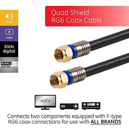 GE RG6 Coaxial Cable, 50 ft. F-Type Connectors, Quad Shielded Coax Cable, 3 GHz Digital, In-Wall Rated, Ideal for TV Antenna, DVR, VCR, Satellite, Cable Box, Home Theater, Black, 33532