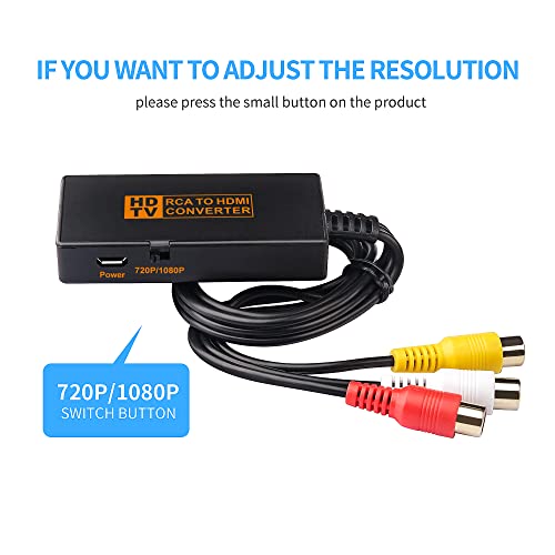 RCA to HDMI Converter, AV to HDMI, Composite CVBS to HDMI Adapter Support 1080P Supporting PAL/NTSC for TV/PC/ PS3/ STB/Xbox VHS/VCR/Blue-Ray DVD Players