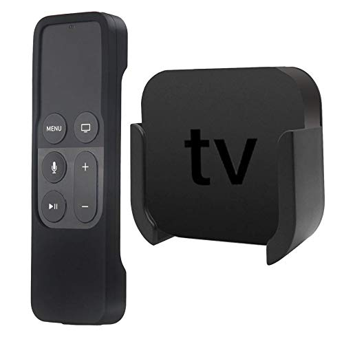 TV Mount Compatible with Apple TV 4th and 4K 5th Generation, Auswaur Wall Mount Bracket Holder Compatible with Apple TV 4th and 4K 5th Gen with Black Silicone Siri Remote Protective Case Cover