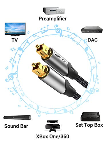 VENTION Digital Optical Audio Cable Nylon Braided Fiber, Slim Metal Case, Gold Plated Plug, 6.6 ft Toslink Fiber Optic Audio Cable for Sound Bar TV PS4 Samsung Vizio Bose LG
