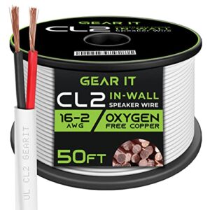 gearit 16/2 speaker wire (50 feet) 16awg gauge – in wall audio speaker wire cable / cl2 rated / 2 conductors – ofc oxygen-free copper, white 50ft