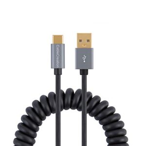 cablecreation usb to c coiled cable for car, coiled usb to usb c 3a fast charging stretched 1.5-5 feet, for galaxy ss23 s22 s21 20 s10 s9,pixel,mini ipad,black