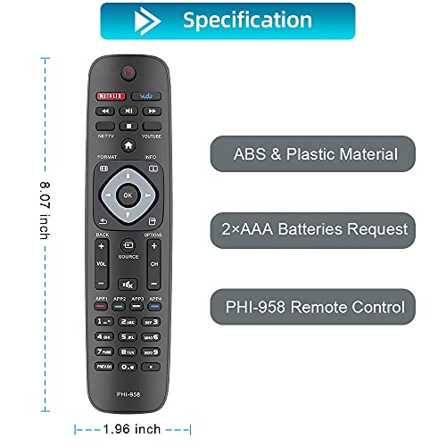 NH500UP Remote Neuronmart for Philips Smart TV Remote Control and Philips 2K 4K UHD TVs, Philips Smart Ultra HDTV, Philips LED LCD Television PHI-958 NH500UW NH503UP with Netflix, YouTube and Vudu