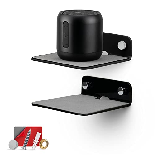 BRAINWAVZ 2-Pack 4” Small Floating Shelf Bluetooth Speaker Stand, Adhesive & Screw Wall Mount, Anti Slip, for Cameras, Baby Monitors, Webcam, Router & More, Universal Holder (SHELF11 Black)