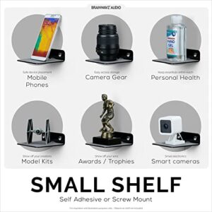 BRAINWAVZ 2-Pack 4” Small Floating Shelf Bluetooth Speaker Stand, Adhesive & Screw Wall Mount, Anti Slip, for Cameras, Baby Monitors, Webcam, Router & More, Universal Holder (SHELF11 Black)