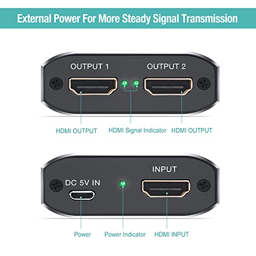 HDMI Splitter 1 in 2 Out - 4K Aluminum Ver1.4 HDCP, Powered HDMI Splitter Supports 3D 4K@30HZ Full HD1080P for Xbox PS4 PS3 Fire Stick Roku Blu-Ray Player Apple TV HDTV - Cable Included, Grey