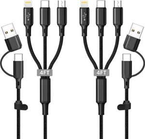 5 in 1 multi charging cable 2pack 4ft multi usb universal phone charging cable, usb a/c to phone usb c micro usb lightning connector nylon braided charging cord compatible with iphone/samsung-black