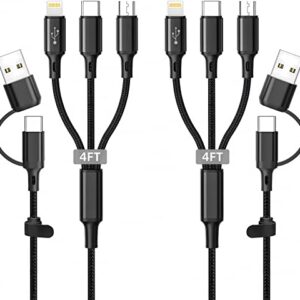 5 in 1 Multi Charging Cable 2Pack 4ft Multi USB Universal Phone Charging Cable, USB A/C to Phone USB C Micro USB Lightning Connector Nylon Braided Charging Cord Compatible with iPhone/Samsung-Black