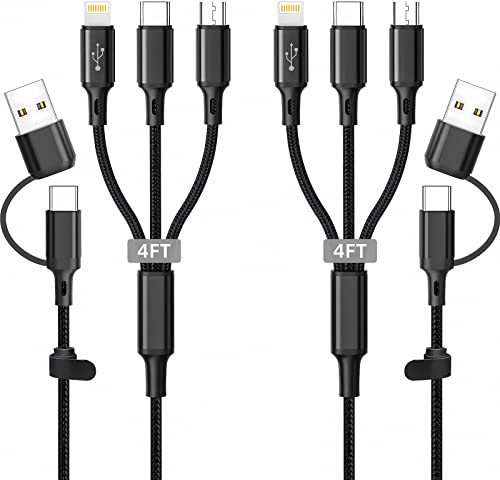 5 in 1 Multi Charging Cable 2Pack 4ft Multi USB Universal Phone Charging Cable, USB A/C to Phone USB C Micro USB Lightning Connector Nylon Braided Charging Cord Compatible with iPhone/Samsung-Black