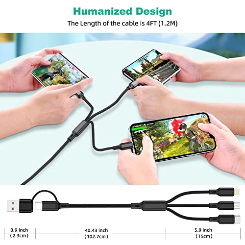 5 in 1 Multi Charging Cable 2Pack 4ft Multi USB Universal Phone Charging Cable, USB A/C to Phone USB C Micro USB Lightning Connector Nylon Braided Charging Cord Compatible with iPhone/Samsung-Black