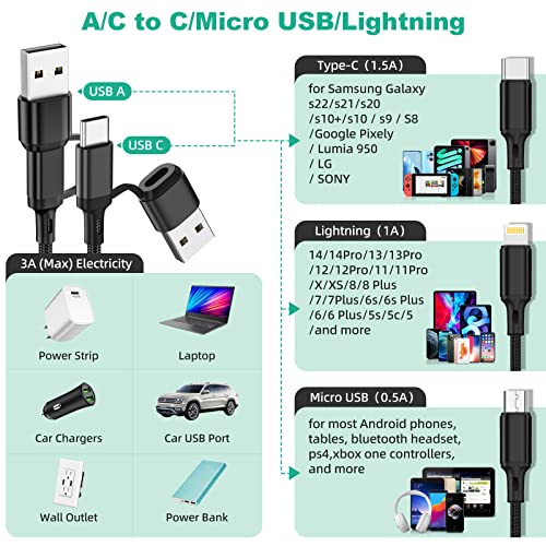 5 in 1 Multi Charging Cable 2Pack 4ft Multi USB Universal Phone Charging Cable, USB A/C to Phone USB C Micro USB Lightning Connector Nylon Braided Charging Cord Compatible with iPhone/Samsung-Black