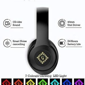 Gdine Bluetooth Headphone w/LED Light, Hi-Fi Stereo Deep Bass Bluetooth 5.0 Headphones, Noise Cancelling, Built-in Mic, Protein Earpads, Foldable & Comfortable Headset for Game, Travel, Home, Office