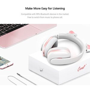 Censi Music Headset Headphone Creative Cat Ear Stereo Over-Ear Game Gaming Bass Headset Noise Canceling Headband Earphone with MIC Rechargeable Port for Bluetooth 4.0 Device (White, Blutooth)