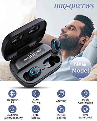 Wireless Earbuds, Bluetooth 5.1 Headphones Wireless Immersive Bass Sound in-Ear Headphones with Noise Cancellation Mic, Waterproof Bluetooth Earphone with Charging Case for Work, Sports (Black)