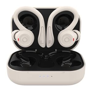 beige wireless earbuds with earhooks bluetooth earbuds with ear hook waterproof sport headphones noise cancelling ear buds with microphone long battery life earphones for running workout android ios