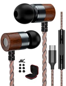 wooden usb c headphones for galaxy s22 s23 ultra s21 s20 fe z flip4 3, in-ear type c earbuds wired earphones with mic noise canceling stereo bass for pixel 7 6 6a 5a 5 macbook air pro ipad air 5 mini6