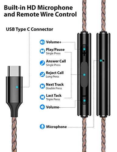 Wooden USB C Headphones for Galaxy S22 S23 Ultra S21 S20 FE Z Flip4 3, In-Ear Type C Earbuds Wired Earphones with Mic Noise Canceling Stereo Bass for Pixel 7 6 6a 5a 5 MacBook Air Pro iPad Air 5 Mini6