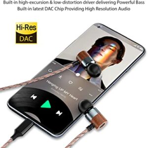 Wooden USB C Headphones for Galaxy S22 S23 Ultra S21 S20 FE Z Flip4 3, In-Ear Type C Earbuds Wired Earphones with Mic Noise Canceling Stereo Bass for Pixel 7 6 6a 5a 5 MacBook Air Pro iPad Air 5 Mini6