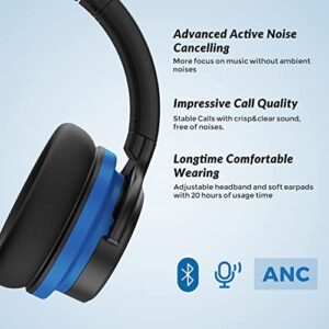 Conlisten Active Noise Cancelling Headphones Over-Ear Bluetooth Headphones Wireless Headphones with Mic, Extreme Comfort, 20 Hours Listening of Exceptional Sound for Work/Travel, Black/Blue
