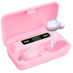 edealz bluetooth wireless 5.0 ipx7 waterproof earbud headphones with microphone, rechargeable smart charging case powerful surround stereo bass and passive noise cancelling (pink)