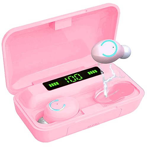 eDealz Bluetooth Wireless 5.0 IPX7 Waterproof Earbud Headphones with Microphone, Rechargeable Smart Charging Case Powerful Surround Stereo Bass and Passive Noise Cancelling (Pink)