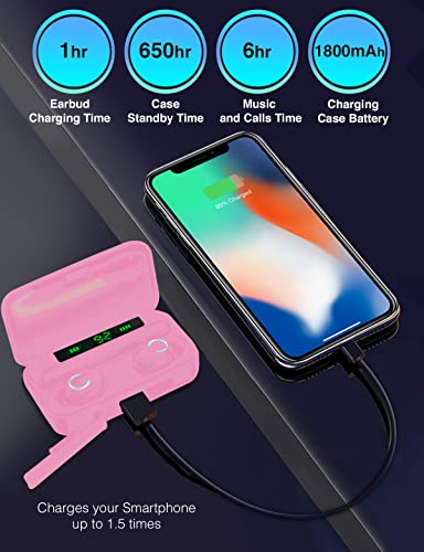 eDealz Bluetooth Wireless 5.0 IPX7 Waterproof Earbud Headphones with Microphone, Rechargeable Smart Charging Case Powerful Surround Stereo Bass and Passive Noise Cancelling (Pink)