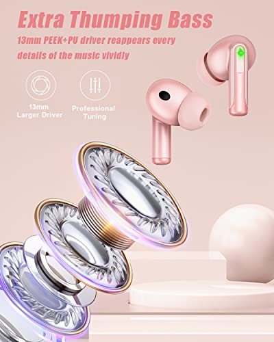 Wireless Earbuds Bluetooth 5.1 Headphones 4-Mics Clear Call ENC Noise Cancelling Ear Buds Deep Bass 30Hrs Playtime with USB-C Charging Case IPX7 Waterproof in-Ear Earphones for Android and iPhone Pink