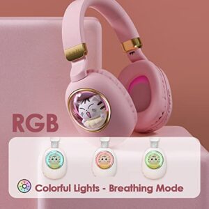 Kids Bluetooth Headphones Wired with Microphone for School - Wireless Boy Girls Noise Cancelling Over Ear Bluetooth Headphones Foldable Children Headsets for iPad Kindle Airplane Travel Tablet Pink