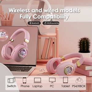 Kids Bluetooth Headphones Wired with Microphone for School - Wireless Boy Girls Noise Cancelling Over Ear Bluetooth Headphones Foldable Children Headsets for iPad Kindle Airplane Travel Tablet Pink