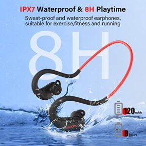 YYK Bone Conduction Headphones On-Ear Earbuds Built-in Noise-Canceling Mic,IPX7 Waterproof Sports Wireless Earphones Bluetooth Headphones for Workout Running Red