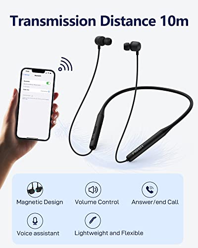 PISEN Bluetooth Headphones, Wireless Earbuds with Microphone Noise Cancelling, IPX5 Waterproof Neckband Bluetooth Headphones for Gym Sports Workout 120H Standby, Black