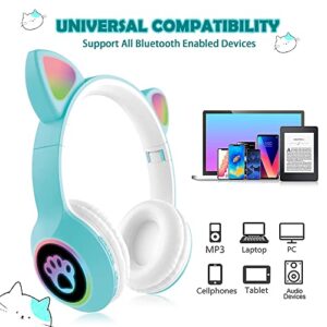 OONOL Kids Wireless Bluetooth Headphones, LED Light Over Ear Foldable Headphone with Microphone and Wired for Girls Women (Blue)