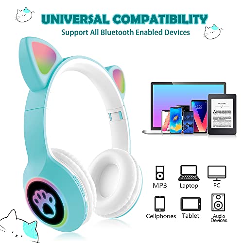 OONOL Kids Wireless Bluetooth Headphones, LED Light Over Ear Foldable Headphone with Microphone and Wired for Girls Women (Blue)