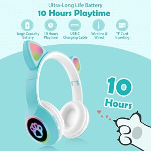 OONOL Kids Wireless Bluetooth Headphones, LED Light Over Ear Foldable Headphone with Microphone and Wired for Girls Women (Blue)