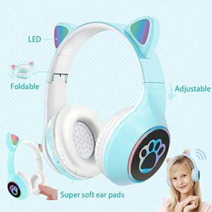 OONOL Kids Wireless Bluetooth Headphones, LED Light Over Ear Foldable Headphone with Microphone and Wired for Girls Women (Blue)