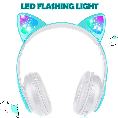 OONOL Kids Wireless Bluetooth Headphones, LED Light Over Ear Foldable Headphone with Microphone and Wired for Girls Women (Blue)