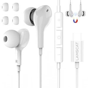 lamscat usb c headphones,type c wired earbuds with mic noise canceling stereo in-ear headset with volume for samsung galaxy s22 s21ultra s20 pixel 6 5 4 oneplus -white