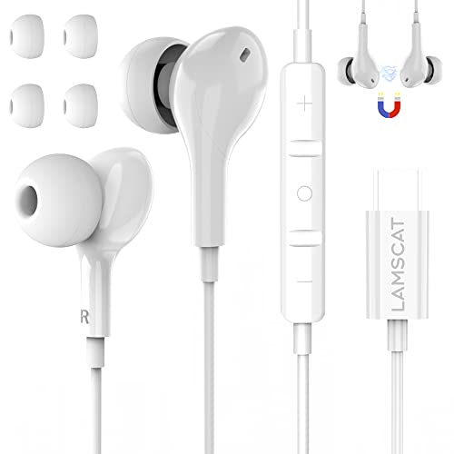 LAMSCAT USB C Headphones,Type C Wired Earbuds with Mic Noise Canceling Stereo in-Ear Headset with Volume for Samsung Galaxy S22 S21ultra S20 Pixel 6 5 4 OnePlus -White