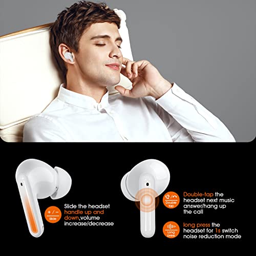 GQ ONE Noise Cancelling Wireless Earbuds, in-Ear Headphones, Touch Control, Bluetooth 5.3 IP55 Waterproof, Wireless Charging, Built Triple Mic, 35H Playtime, for iPhone & Android Sweat Resistant White