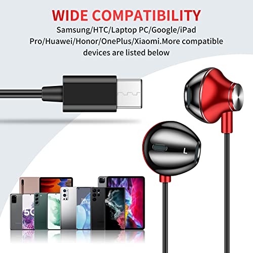 HoneyAKE USB Type C Headphone Earbuds, Digital USB-C Earphones with Microphone (Mic) in-Ear Wired Volume Remote Control Super Bass for Samsung Galaxy Note 8 S21 S20 iPad Pro Pixel 5 4 3 OnePlus Red
