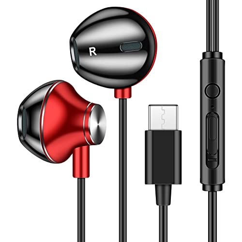 HoneyAKE USB Type C Headphone Earbuds, Digital USB-C Earphones with Microphone (Mic) in-Ear Wired Volume Remote Control Super Bass for Samsung Galaxy Note 8 S21 S20 iPad Pro Pixel 5 4 3 OnePlus Red