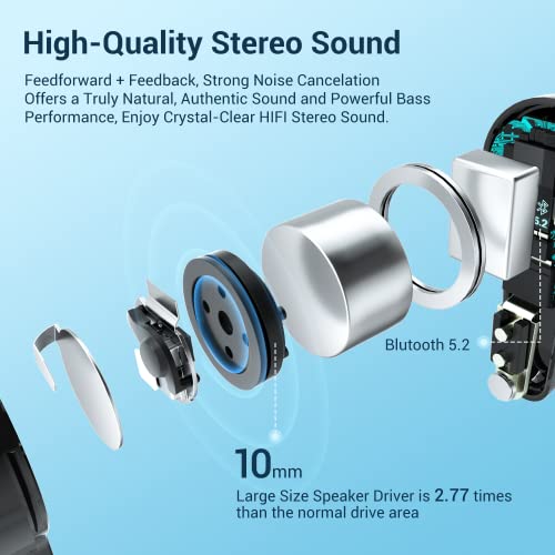 233621 Pearl II Pro Hybrid Active Noise Cancelling Earbuds, Bluetooth 5.2 Stereo Earphones with ANC, QCC3046, aptX Adaptive, 10mm Driver Premium Deep Bass Wireless Headset, Transparency Mode, 24 Hrs