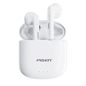 pisen wireless earbuds, bluetooth earbuds with microphone noise cancelling, 20h playtime wireless earphones with charging case waterproof stereo earphones headset for sports white