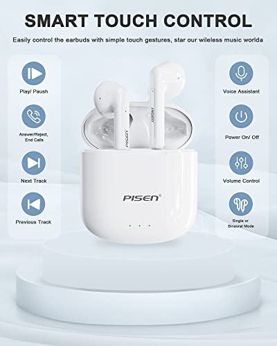 PISEN Wireless Earbuds, Bluetooth Earbuds with Microphone Noise Cancelling, 20H Playtime Wireless Earphones with Charging Case Waterproof Stereo Earphones Headset for Sports White