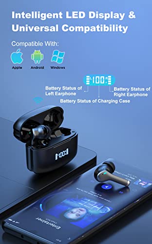 Wireless Earphones, Eranova Bluetooth Earbuds 4 Mics ENC Noise Canceling 30H Playtime IPX6 Waterproof Deep Bass Touch Control USB-C Fast Charge in-Ear Headphones for iPhone Android Sports Black