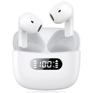 Bluetooth Headphones Wireless Earbuds for iPhone/Android, Noise Cancelling Immersive Waterproof Wireless Earphones with Charging Case Compatible with iPhone 14/13/12/11/SE/X/8/7/iPad/Android - White