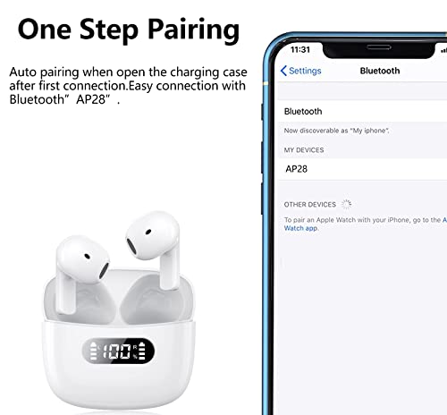 Bluetooth Headphones Wireless Earbuds for iPhone/Android, Noise Cancelling Immersive Waterproof Wireless Earphones with Charging Case Compatible with iPhone 14/13/12/11/SE/X/8/7/iPad/Android - White