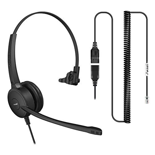 Axtel Bundle Prime HD Mono NC with AXC-01 RJ-9 Cable - Headset with Noise Cancelling Microphone for IP Desk Phones Avaya 2400/4600 Series, Mitel 6800 Series, NEC DTL/ITL, Nortel, Polycom VVX - Black